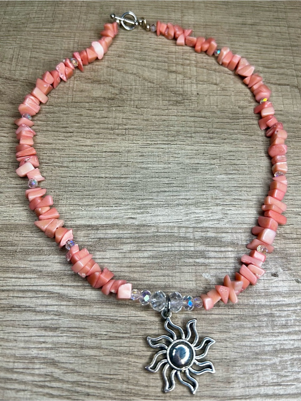 Sunburst Pendant Pink Coral Chip and Crystal Necklace Handmade